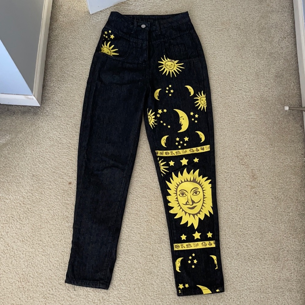 Sun and moon custom made black jeans